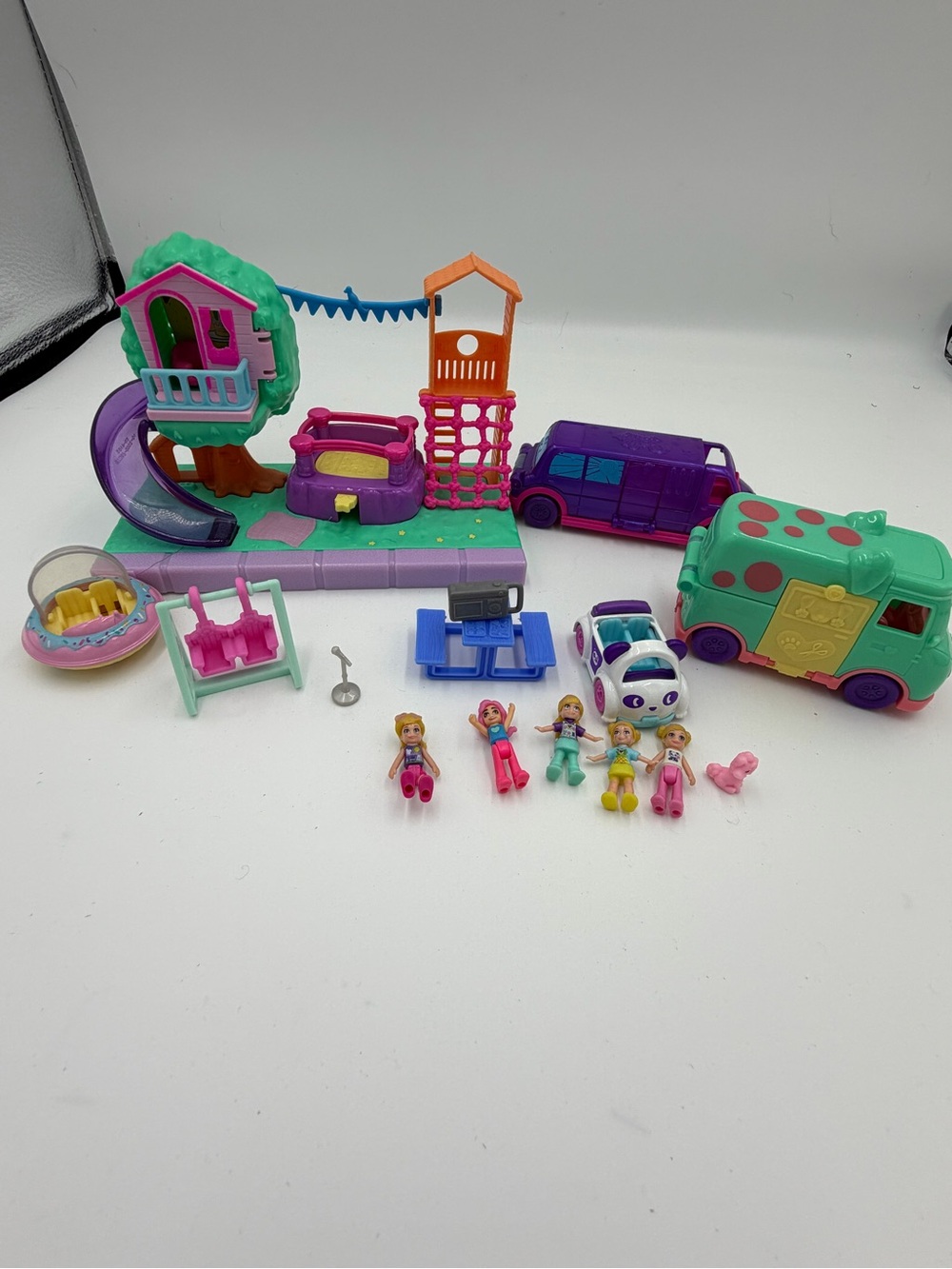 Polly Pocket Pollyville Lot Treehouse Camper Pet Van Car Dolls Playground